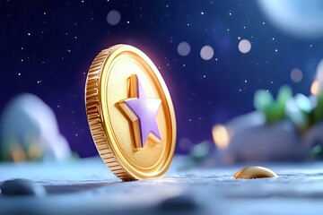 Poster - Golden coin with star symbol standing on snowy surface against blurred winter night sky with bokeh lights and moon. Magical winter financial concept.