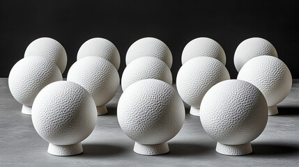 Arrangement of textured white spherical objects on pedestals on gray surface