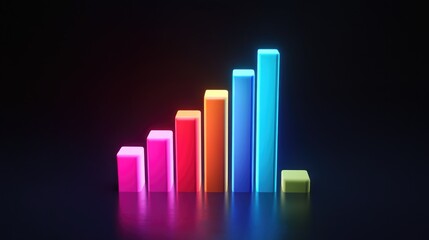 Fototapete - A D bar chart rising upward, symbolizing financial growth, with glowing bars in various colors representing different business metrics on a dark, futuristic background.