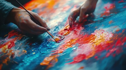 Fototapete - Artist's hand carefully mixing vibrant colors on canvas in a creative studio filled with inspiration and artistic tools