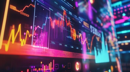 Poster - A close-up of a digital display showing a colorful financial graph with upward trends, surrounded by banking symbols, capturing the essence of market analysis.