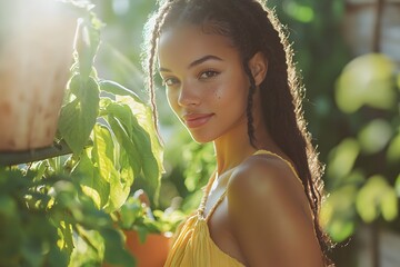 young woman with braided hair smiles in a sunlit garden filled with vibrant greenery and warm sunlig