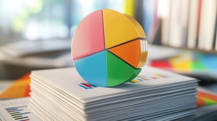 Poster - A colorful D pie chart emerging from a stack of documents, representing insights derived from thorough research and analysis, capturing the essence of business strategy.