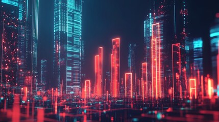 Poster - A futuristic holographic bar chart floating above a cityscape, with glowing bars representing financial markets, symbolizing economic progress and investment opportunities.