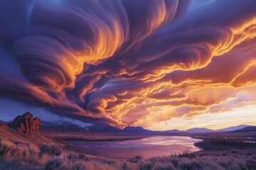 Aufkleber - Dramatic storm clouds swirl over tranquil river at sunset, highlighting nature's vibrant colors and textures in a breathtaking landscape