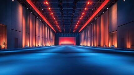 Aufkleber - Brightly lit event space featuring contrasting red and blue lights with a spacious design perfect for exhibitions or gatherings in a modern venue