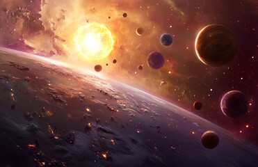 Wall Mural - A cosmic scene featuring a large planet a bright star and several smaller planets in a colorful nebula