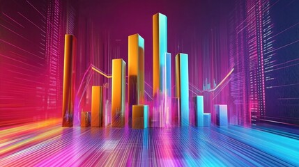 Poster - A vibrant D financial graph with rising bars and line charts, symbolizing economic growth and success, set against a futuristic digital background.