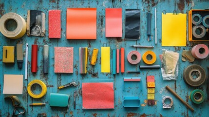 Poster - Colorful stationery and materials laid out on a weathered blue surface in an artistic arrangement showcasing creativity and design
