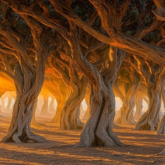 Sunset illuminates twisted trees in a desert grove; nature photography for travel and landscape websites