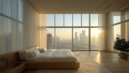 Aufkleber - Soft morning light filters through sheer curtains in a cozy bedroom with plants and a neatly made bed, creating a serene atmosphere for relaxation