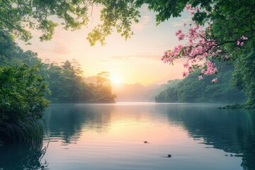 Fototapete - Serene sunset reflecting on tranquil waters bordered by lush tropical foliage in a peaceful natural setting