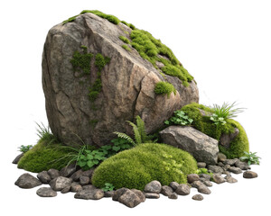 Poster - a large rock formation covered in green moss, with some smaller rocks and plants scattered around its base. The rock has a rugged texture and is situated on a transparent background
