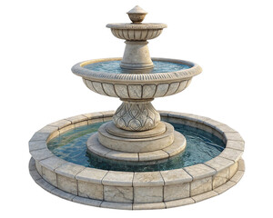 Aufkleber - a multi-tiered stone water fountain with flowing water, set against a transparent background. The fountain has a classical design with intricate stonework, featuring three levels of basins.