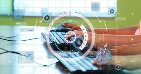Poster - Typing on keyboard with animation of futuristic graphics overlaying screen