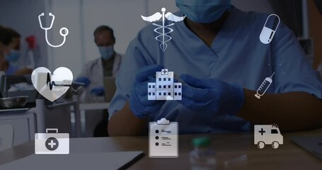 Poster - In school, medical professionals working with healthcare symbols overlaying in animation