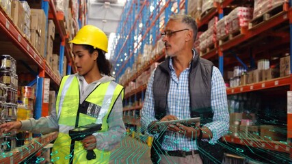 Poster - Warehouse workers using digital tablets with data processing animation overlay