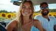 © MILKY_PS - Sun-drenched laughter echoes through golden fields, a young couple cruises in their compact electric car, windows down, wind in their hair Sunflowers stand tall, a vibrant backdrop to their joyride