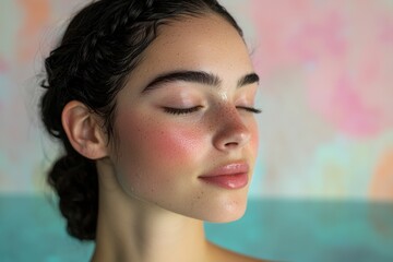 this image showcases a woman with a serene expression, her eyes gently closed, and a subtle blush hi