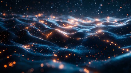 Poster - Abstract cosmic waves with glowing orange particles floating in dark space, luminous blue energy streams creating dynamic flowing pattern against starry background.