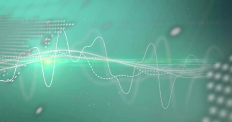 Aufkleber - Animation of abstract waveforms and text over green background with dotted world map