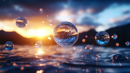 Poster - Magical water drops floating above reflective surface at sunset, with glowing bokeh lights and mountain silhouette creating dreamy atmosphere.