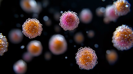 Poster - Microscopic view of floating virus cells with orange and pink gradient coloring on black background, detailed scientific visualization for medical or educational purposes.
