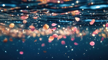 Poster - Colorful flower petals drift gracefully below the water surface, creating a tranquil and enchanting atmosphere in a serene aquatic setting
