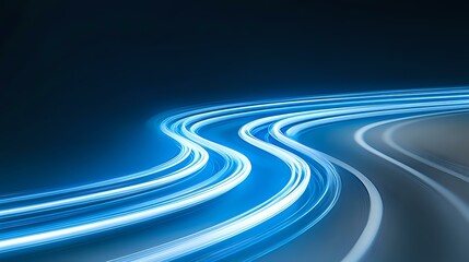 Poster - Glowing blue light trails curve through dark background creating dynamic motion effect, speed lines streaking in parallel paths against black space.