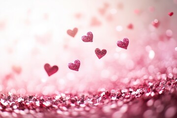 Poster - Lovely pink hearts sparkle in the air over a shimmering surface during a romantic celebration or festive event