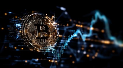 Poster - Golden cryptocurrency coin with digital network effects and price chart in dark blue background, modern financial technology concept for digital banking.