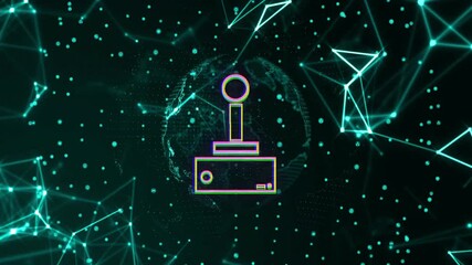 Poster - Neon joystick icon over digital network and geometric shapes animation
