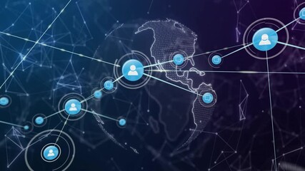 Poster - Network of connections and data processing animation over world map background