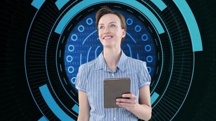 Aufkleber - Person holding tablet with digital data processing animation in background