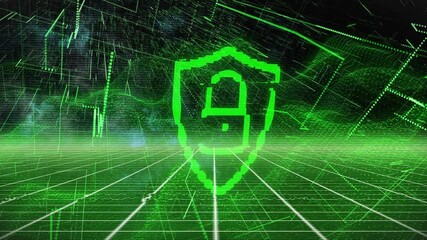 Poster - Digital animation of green shield with lock over data lines and grid background