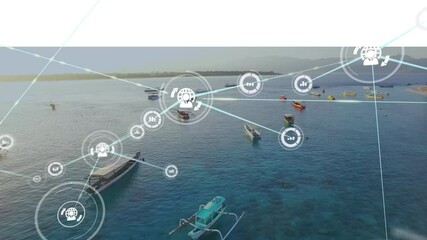 Poster - Digital network animation overlaying boats on water, creating futuristic scene