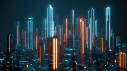 Poster - A futuristic city skyline glowing with vibrant neon lights, representing artificial light energy.