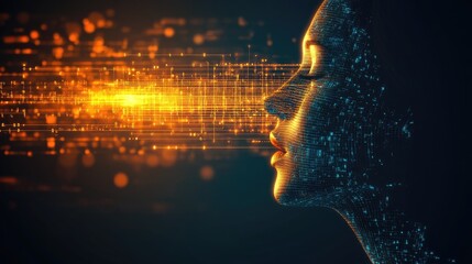 Poster - A futuristic visualization of voice recognition technology decoding sound energy.