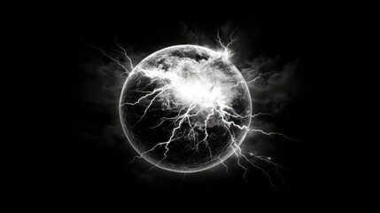 Poster - A high-energy plasma ball emitting electric light rays in a dark background.