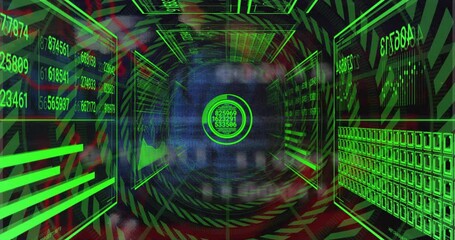 Poster - Animation of digital tunnel with green data and numbers surrounding central target