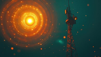 Poster - A radio tower emitting sound frequencies in the form of concentric wave patterns.
