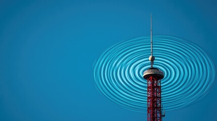 Poster - A radio tower emitting sound frequencies in the form of concentric wave patterns.