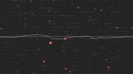 Poster - red glowing particles forming digital waveform on dark background in animation
