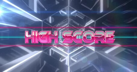 Poster - bold pink text high score over geometric reflective animation background