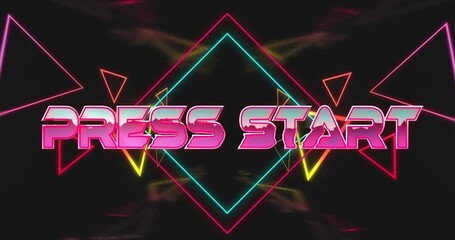 Poster - glowing animation of press start text over geometric shapes on dark background