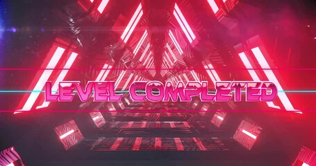 Poster - animation of futuristic neon tunnel with bold pink level completed text