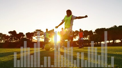 Poster - Soccer players practicing on field with audio equalizer animation overlay