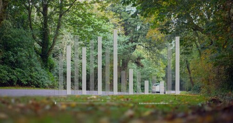Poster - Bar graph animation over forest road with car driving in background