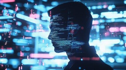 A software engineer immersed in code, bright monitor showing complex lines of code, holographic digital data overlays, futuristic workspace vibe