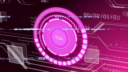 Poster - Futuristic digital interface with pink circular graphics and binary code animation